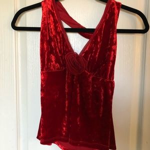 Caché Red Crushed Velvet Halter Top w/ Rose Pin